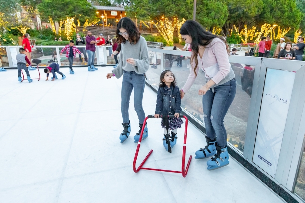 two women and a girl on an ice skating rink