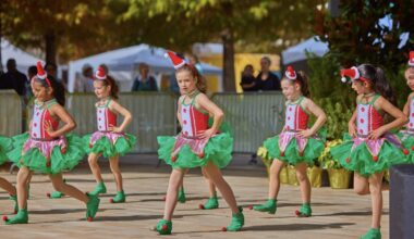 girls dressed in Christmas themed dance costumes