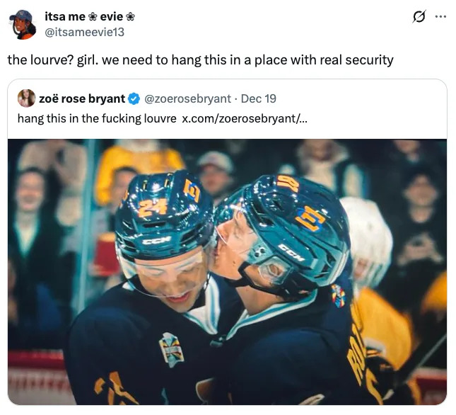Hockey players wearing helmets embrace joyfully. A tweet suggests displaying this moment in the Louvre for its value