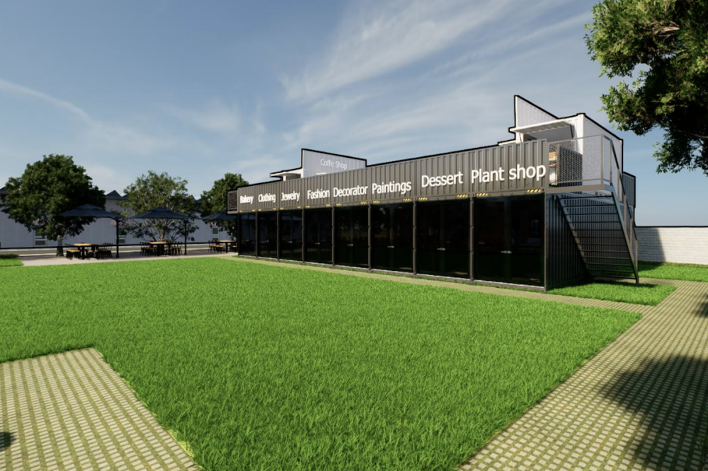 rendering of retail building with a grassy area in front