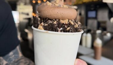 Scoop N Scootery offers an ice cream sundae topped with chocolate mousse.