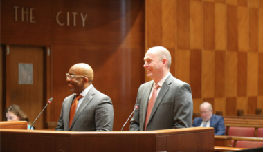 Pictured is City engineer Oluwole "O.J." McFoy and Macchi speaking in front of city council on Jan. 29.