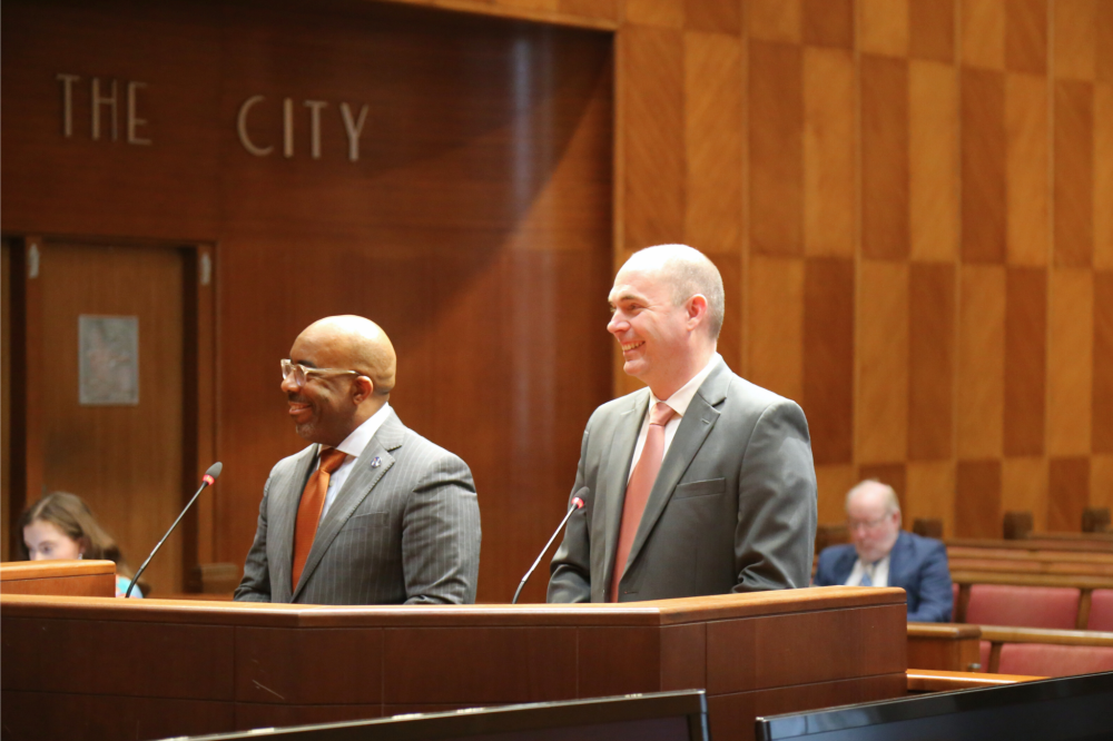 Pictured is City engineer Oluwole "O.J." McFoy and Macchi speaking in front of city council on Jan. 29.