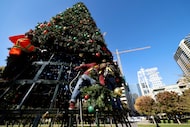 Crews erected the Klyde Warren Park Christmas tree ahead of the tree lighting celebration in...