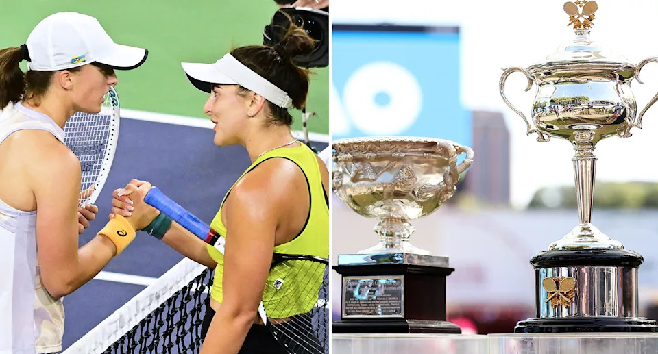 Bianca Andreescu and Iga Swiatek alongside the Australian Open trophies.