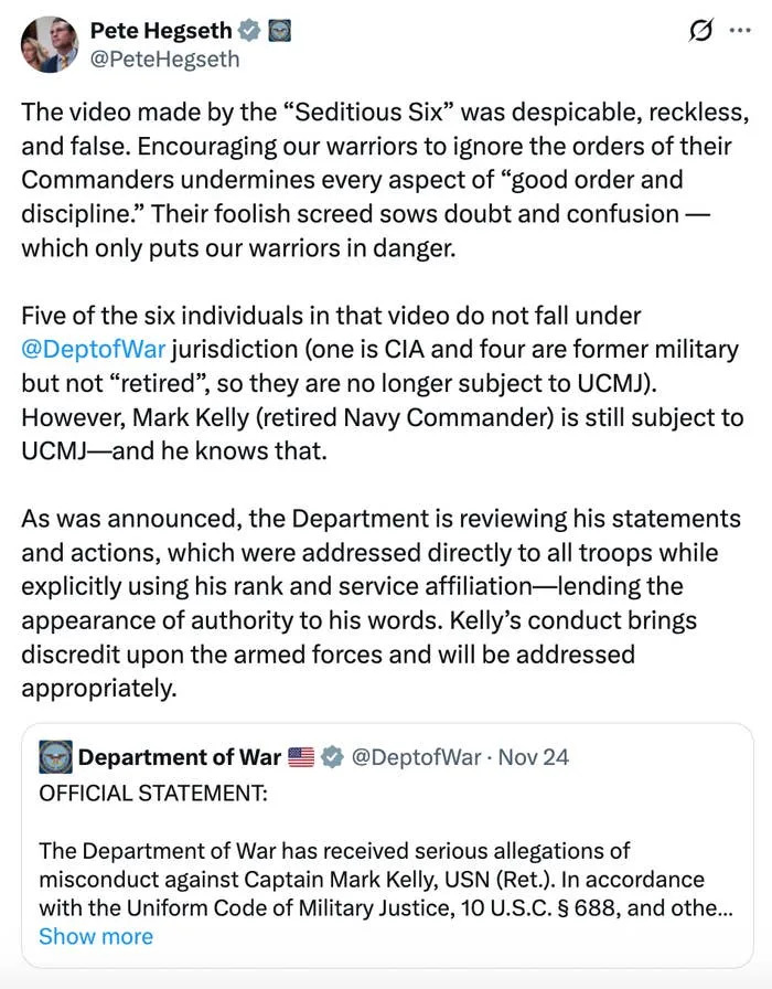 Tweet by @PeteHegseth discussing a video labeled "Seditious Six" and its implications. Response from Department of War below
