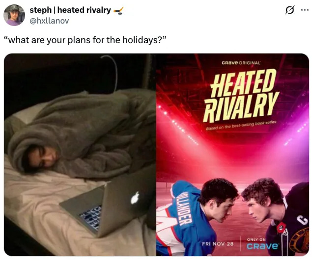 Left side: Person in bed using a laptop. Right side: "Heated Rivalry" TV series poster featuring two hockey players facing off
