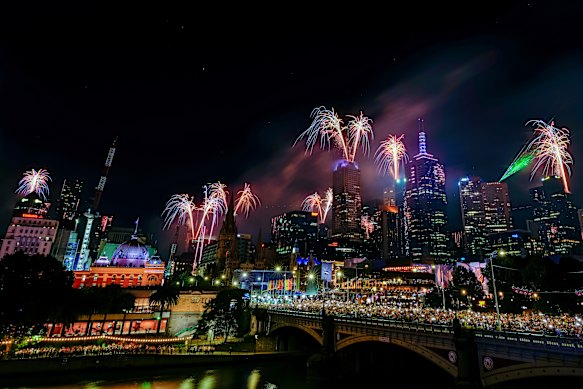 Fireworks light up Melbourne’s CBD on New Year’s Eve 2025.