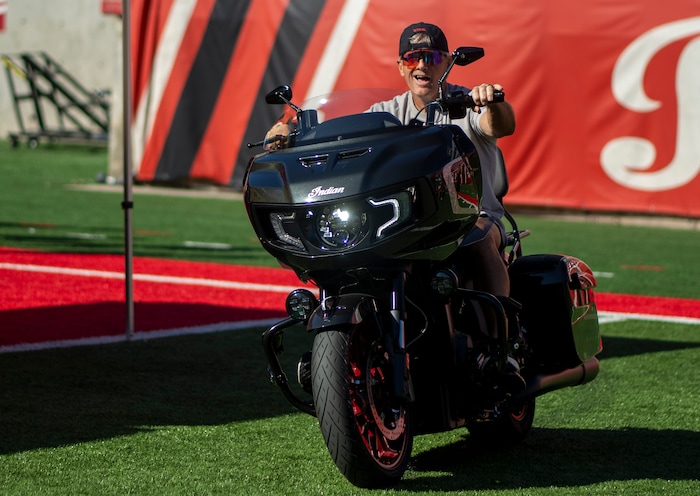 (Rick Egan | The Salt Lake Tribune)  University of Utah Head Football Coach Kyle Whittingham rides into the stadium for the announcement of the the Billy Joel & Sting concert coming to Rice-Eccles Stadium in May, during a news conference on Thursday, Sept. 26, 2024.
