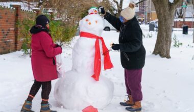Resdients decorate a snowman near 13th and Thompson Streets in December 2020, the last winter when snowfall was normal in Philly.