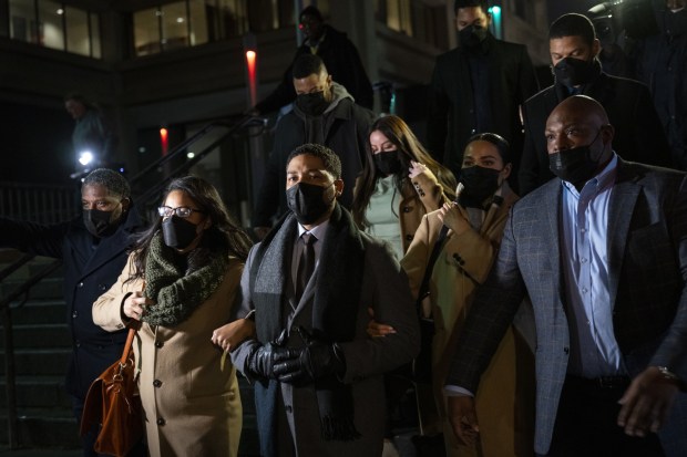 Jussie Smollett leaves the Leighton Criminal Court Building on Dec. 9, 2021, after he was found guilty on five of six disorderly conduct charges for allegedly giving false information to Chicago police about an alleged racial and homophobic attack in January 2019. (E. Jason Wambsgans/Chicago Tribune)