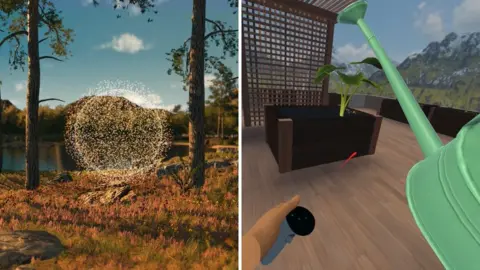 Tend VR A split-screen. One side is a cartoon picture showing a ball in mid-air in a forest, with a lake in the background. The other shows a cartoon hand pointing a laser at a plant pot, with a watering can.