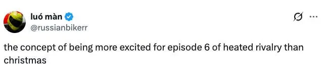 Tweet expressing excitement for episode 6 of "Heated Rivalry" over Christmas