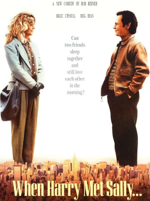 Movie poster for "When Harry Met Sally" shows a man and woman facing each other, cityscape below. Text asks about friendship and love