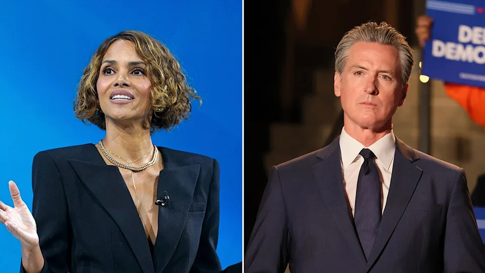 A photo of Halle Berry speaking next to a photo of Gavin Newsom