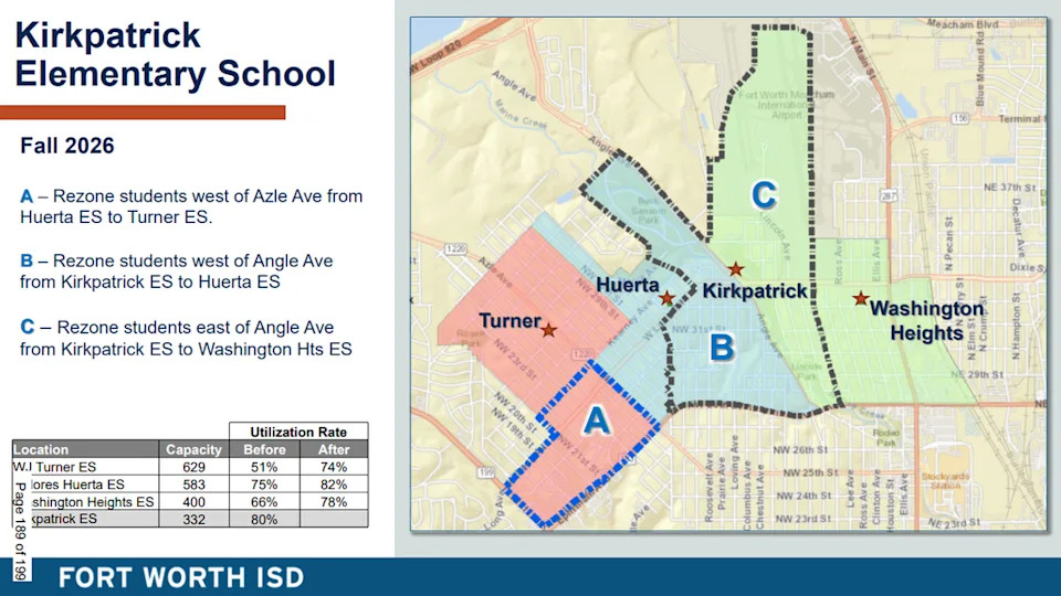 A map shows the new attendance boundaries of Milton Kirkpatrick Elementary students who will transfer to two neighboring campuses in the 2026-27 school year after the elementary school’s closure. Some Dolores Huerta Elementary students will also be reassigned to W.J. Turner Elementary amid the boundary readjustments.