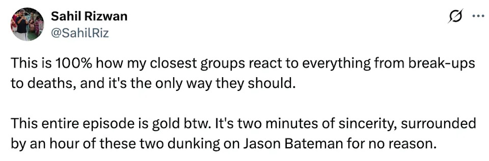 Tweet by Sahil Rizwan about friends reacting to various events and a comedic take on Jason Bateman in a TV episode