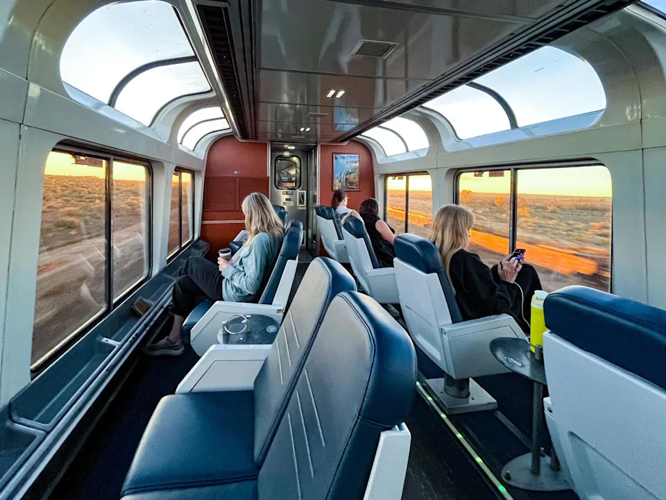 Passengers relax in the Sightseer Lounge on Amtrak's Southwest Chief.