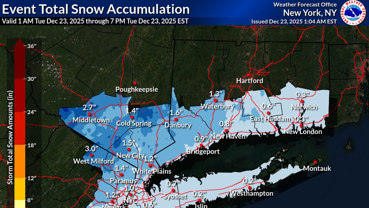 How much snow fell Dec. 23 in NYC, Lower Hudson Valley NY area?