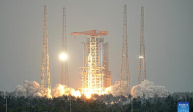 A Long March-8A carrier rocket carrying a group of internet satellites blasts off from the Hainan commercial spacecraft launch site in south China