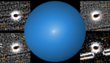 (Center) A white light of the comet 3I/ATLAS is surrounded by a blue glow against a black backgroundHubble Space Telescope captured interstellar comet 3I/ATLAS in November. (Corners) Images of the coma of 3I/ATLAS