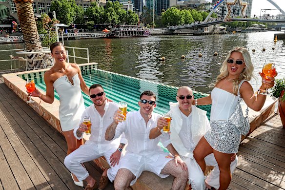 Partygoers Georgia Beddall, Ben Cross, Ross Bateman, Angus Linney and Brooke O”Brien at Arbory Afloat.