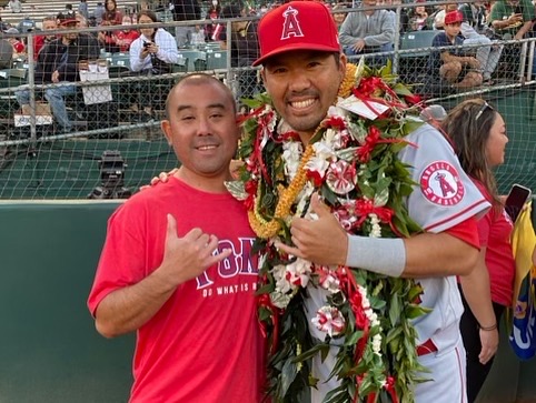 Kimo Higa and Kurt Suzuki are shown in this photo following Suzuki's final game in Major League Baseball, on Oct. 4, 2022, for the Los Angeles Angels. Photo courtesy of Kimo Higa