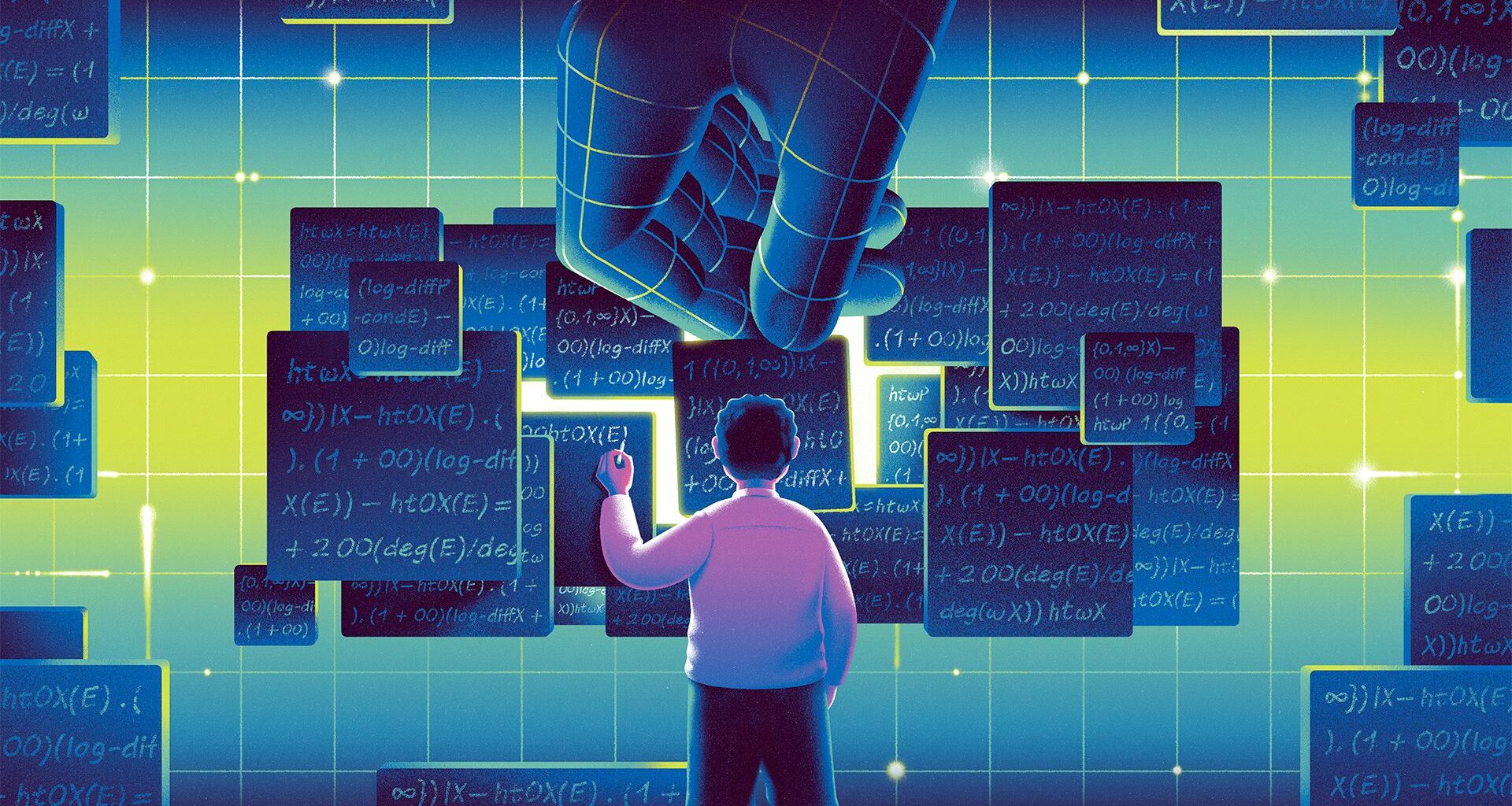Illustration of mathematician in pink shirt writing on a fragment of a chalkboard while AI hand places piece in the middle