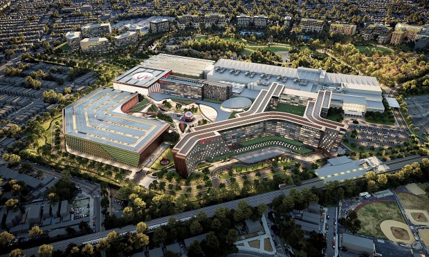 This rendering from Resorts World shows the Resorts World casino, owned by Malaysian casino giant Genting, a $5.5-billion investment to its gaming facility at the Aqueduct Racetrack in the Queens borough of New York. (Resorts World via AP, File)