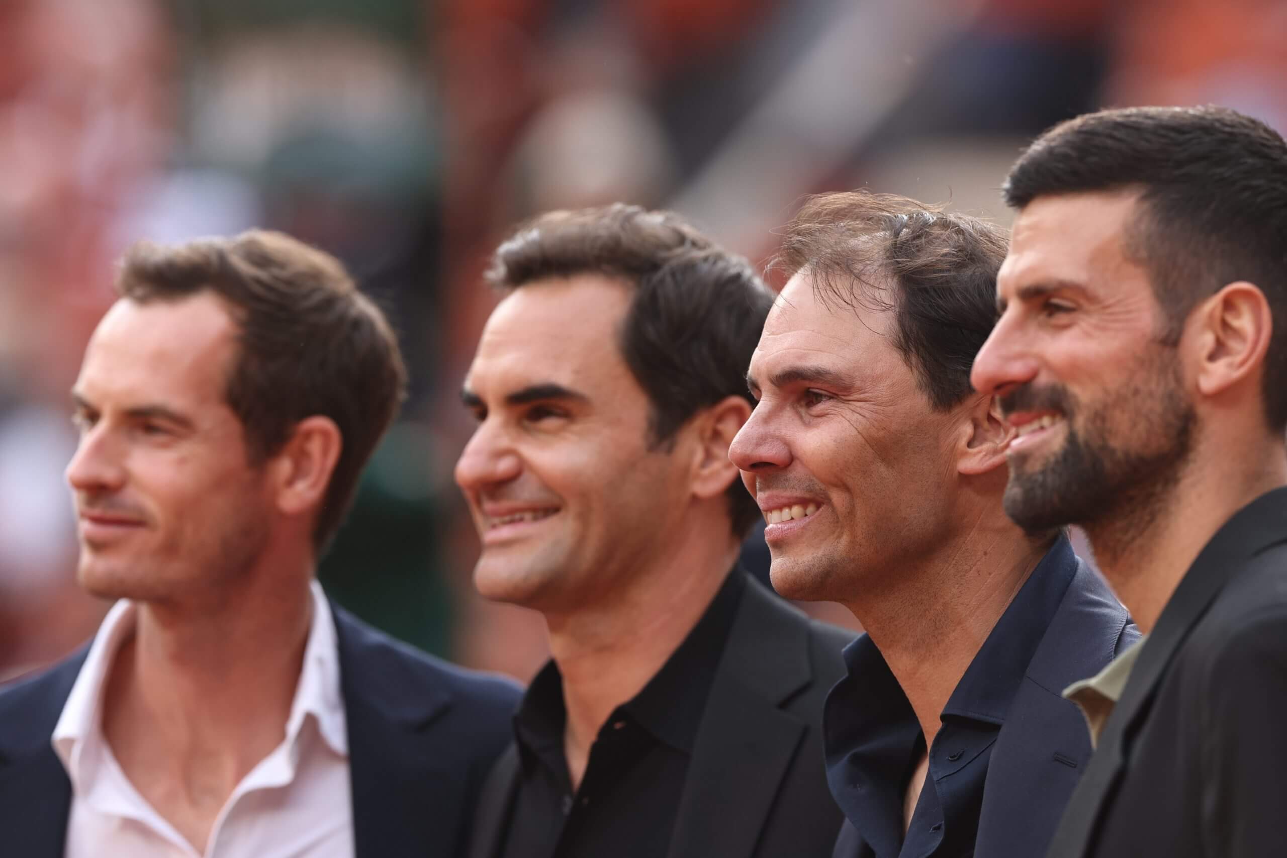 Andy Murray (left), Roger Federer, Rafael Nadal and Novak Djokovic (right) in profile at Nadal's retirement ceremony this spring.