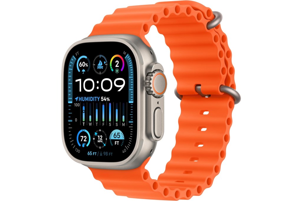 Apple Watch Ultra with an orange Ocean band.