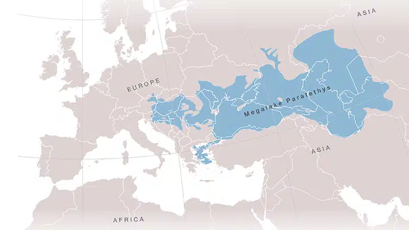 At Its Maximum Spread, The Megalake Paratethys (shown On Modern Geography) Reached From The Eastern Alps Clear To Kazakhstan.
