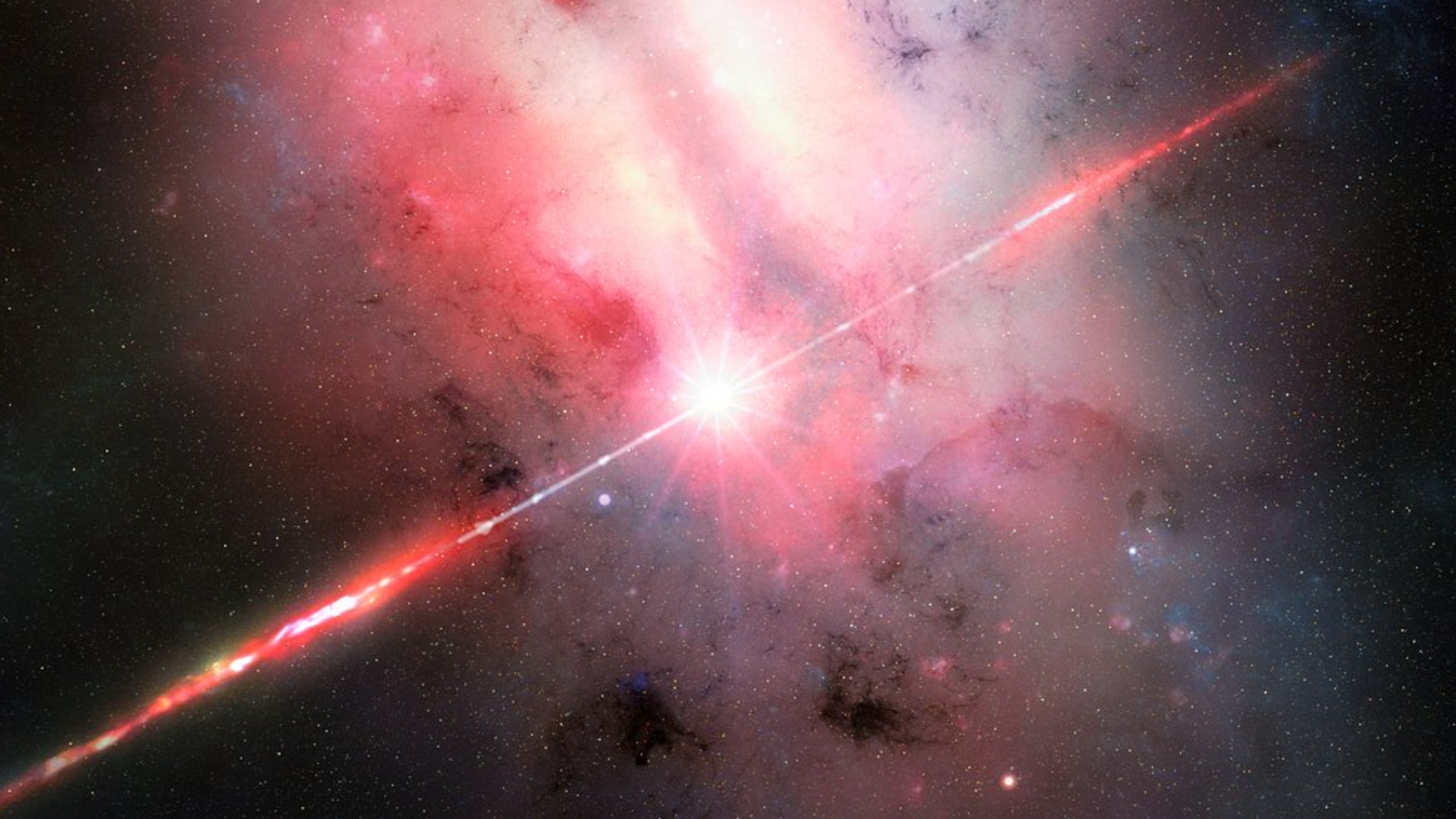 An illustration of GRB 250702B and the dusty galaxy from which it erupted