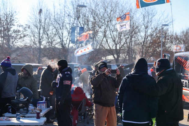 Fans tailgate before a Bears-Browns game Sunday, Dec. 14, 2025, at Soldier Field. (Dominic Di Palermo/Chicago Tribune)