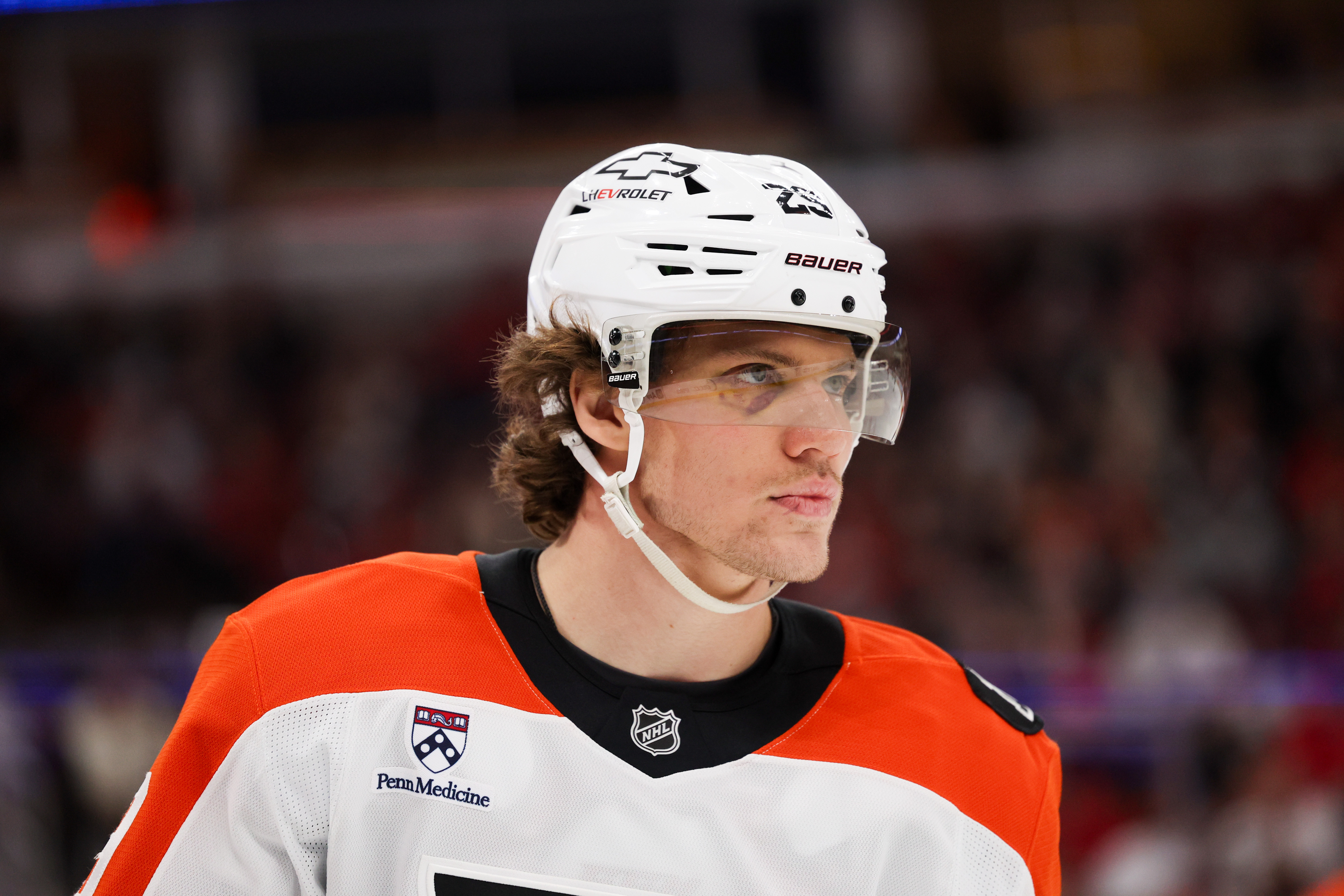 Philadelphia Flyers right wing Nikita Grebenkin (29) skates on the ice during the second period against the Chicago Blackhawks at the United Center Tuesday Dec. 23, 2025 in Chicago. (Armando L. Sanchez/Chicago Tribune)
