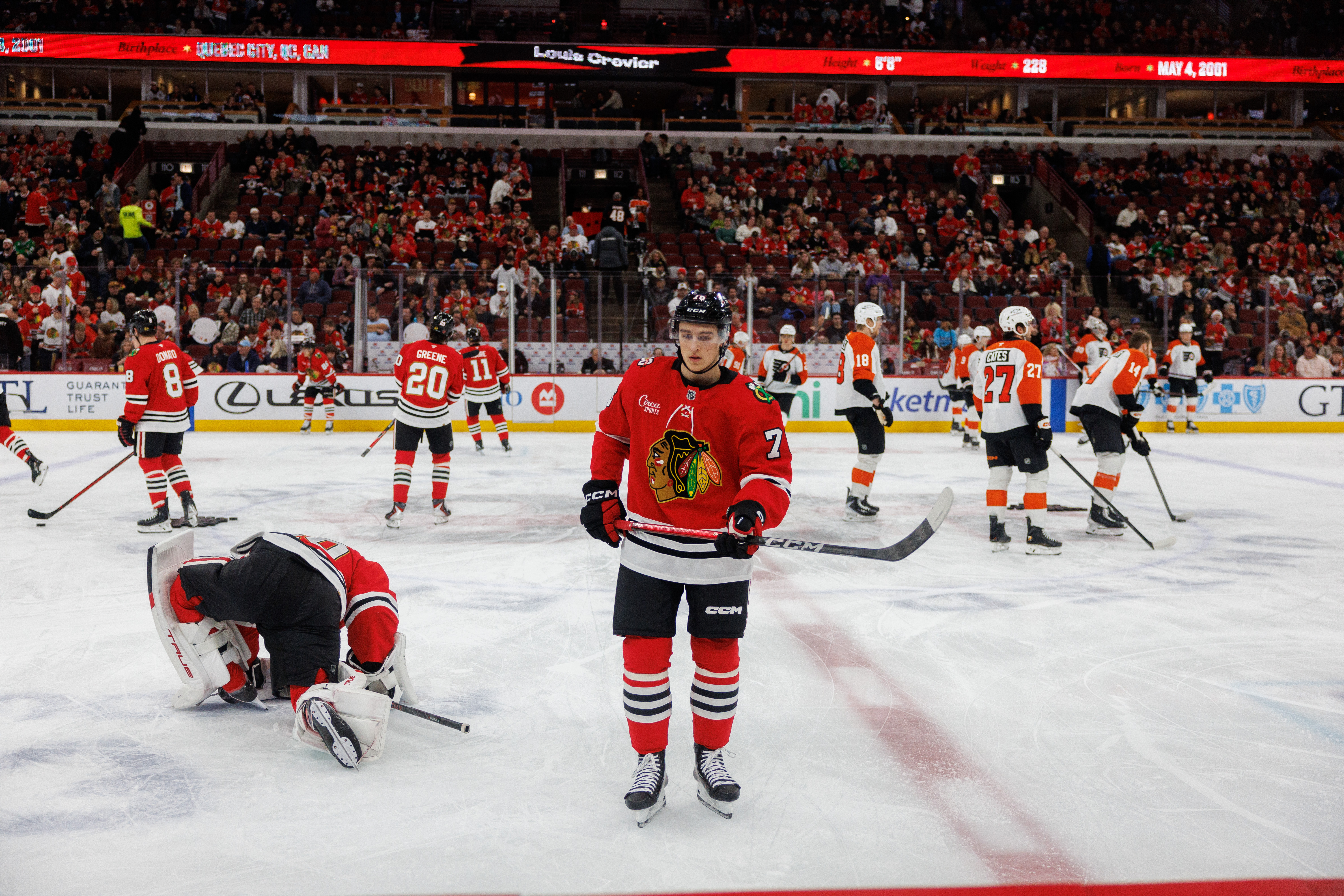 Chicago Blackhawks left wing Nick Lardis (76) skates on the ice before playing the Philadelphia Flyers at the United Center Tuesday Dec. 23, 2025 in Chicago. (Armando L. Sanchez/Chicago Tribune)