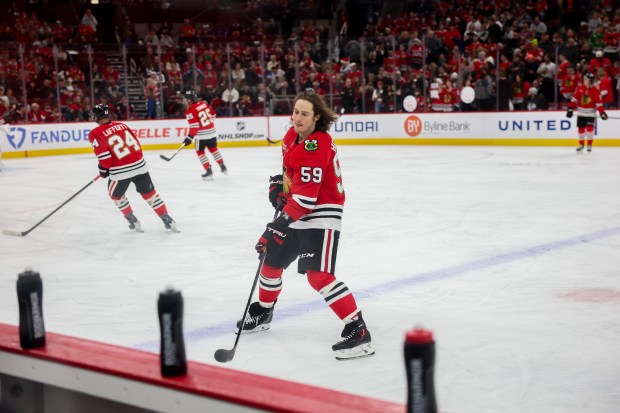 Chicago Blackhawks left wing Tyler Bertuzzi (59) skates on the ice before playing the Philadelphia Flyers at the United Center Tuesday Dec. 23, 2025 in Chicago. (Armando L. Sanchez/Chicago Tribune)