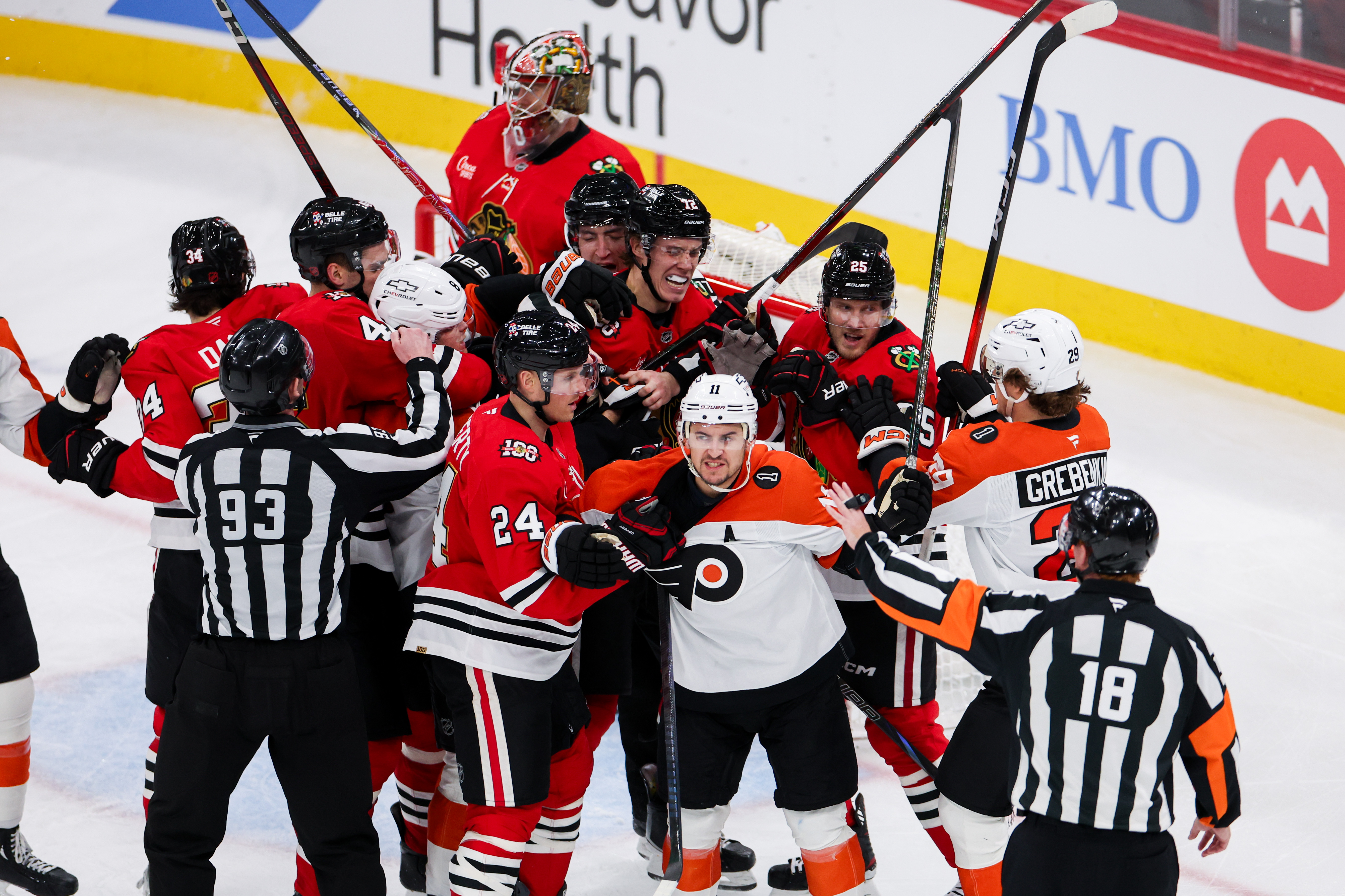 Chicago Blackhawks and Philadelphia Flyers players argue during the third period at the United Center Tuesday Dec. 23, 2025 in Chicago. (Armando L. Sanchez/Chicago Tribune)