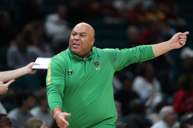 Notre Dame coach Micah Shrewsberry reacts to a play during the first half against Houston in the Players Era tournament Nov. 26, 2025, in Las Vegas. (AP Photo/Eric Gay)