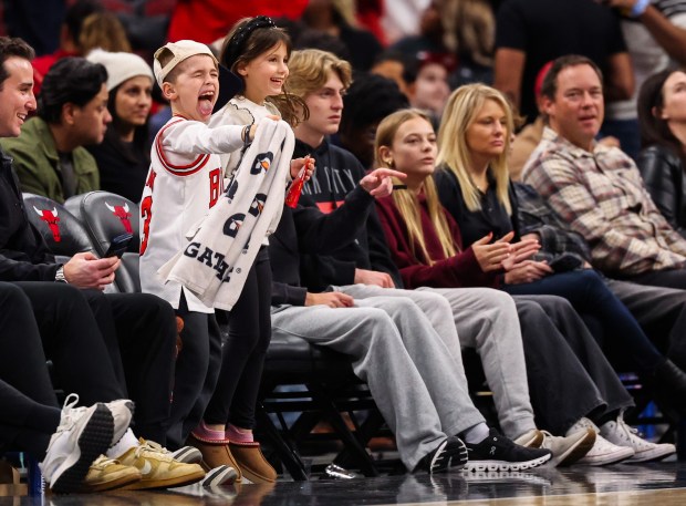 Fans dance to music in between the third and fourth quarter during a game between the Bulls and the Philadelphia 76ers, Friday, Dec. 26, 2025, at the United Center in Chicago. (Dominic Di Palermo/Chicago Tribune)