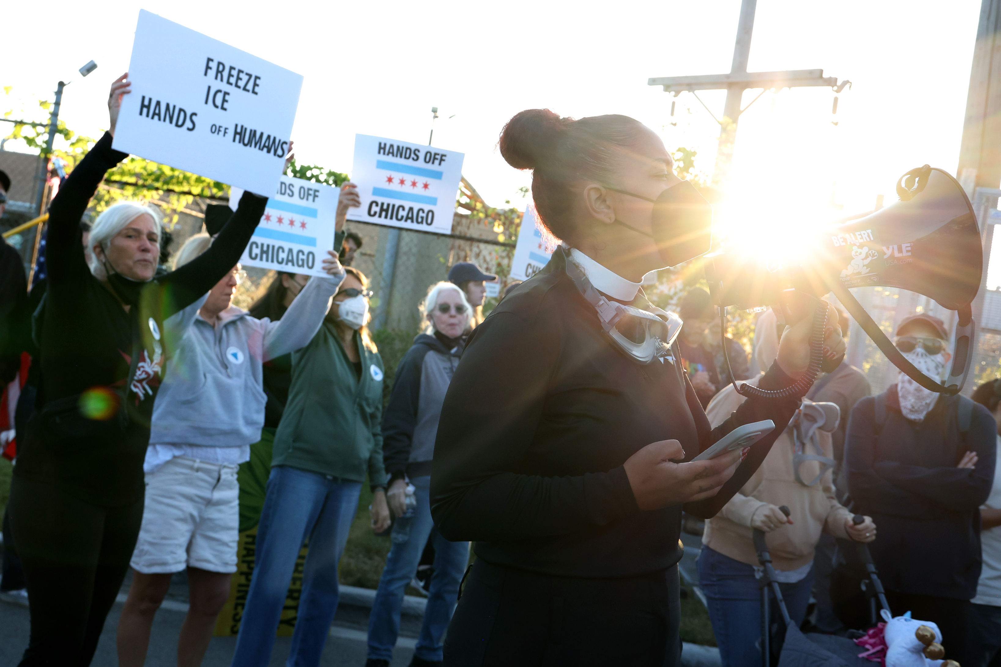 Protesters gather outside the U.S. Immigration & Customs Enforcement facility...