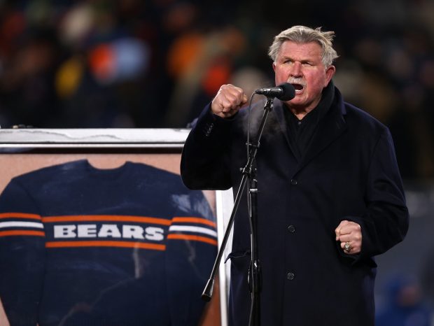 Mike Ditka speaks during a halftime ceremony to retire his No. 89 at a game between the Chicago Bears and the Dallas Cowboys at Soldier Field in Chicago on Dec. 9, 2013. (Chris Sweda/Chicago Tribune)