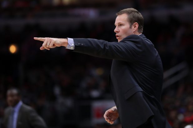 Chicago Bulls head coach Fred Hoiberg gives direction to his team in the second half of the team's home opener against the Detroit Pistons at the United Center in Chicago on Oct. 20, 2018. (Chris Sweda/Chicago Tribune)