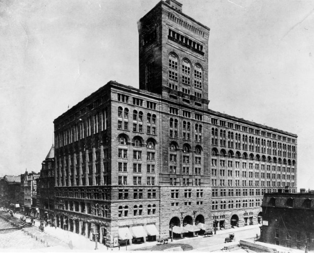 The Auditorium Building, circa 1889. Photo shows the entrance to the Auditorium Theatre on Congress Street (now Parkway) on the right, underneath the tower. (Chicago Tribune historical photo)
