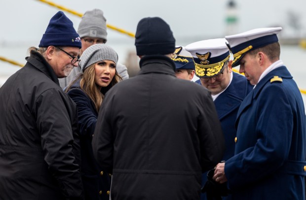 U.S. Secretary of Homeland Security Kristi Noem speaks to Coast Guard leaders and Christmas Tree ship organizers during the 25th Anniversary Voyage of Chicago's Christmas Ship, USCGC Mackinaw, Saturday, Dec. 6, 2025. (Dominic Di Palermo/Chicago Tribune)