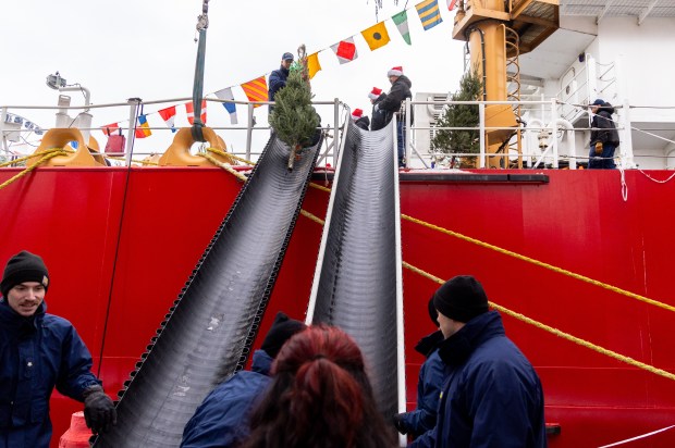 Members of the U.S. Coast Guard unload Christmas trees to be delivered to local families in need during the 25th Anniversary Voyage of Chicago's Christmas Ship, USCGC Mackinaw, Saturday, Dec. 6, 2025. (Dominic Di Palermo/Chicago Tribune)