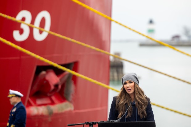 U.S. Secretary of Homeland Security Kristi Noem speaks during the 25th Anniversary Voyage of Chicago's Christmas Ship, USCGC Mackinaw, Saturday, Dec. 6, 2025, at Polk Brothers Park next to Chicago's Lake Michigan. (Dominic Di Palermo/Chicago Tribune)