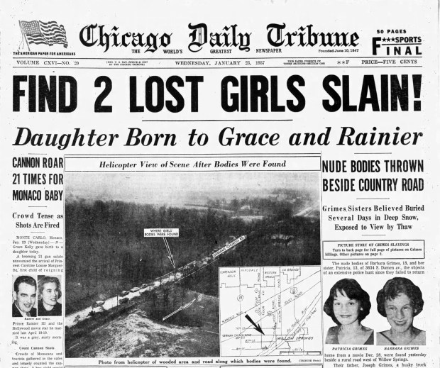 The father of sisters Barbara and Patricia Grimes identified their bodies, which were discovered on Jan. 22, 1957 near Burr Ridge. The girls disappeared on Dec. 28, 1956. (Chicago Tribune)