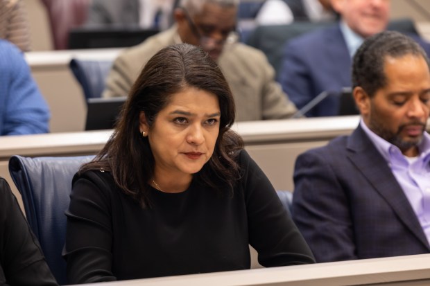 Ald. Silvana Tabares listens to community members during a City Council hearing discussing a proposed hemp product sales ban on Dec. 3, 2025, at City Hall. (Dominic Di Palermo/Chicago Tribune)