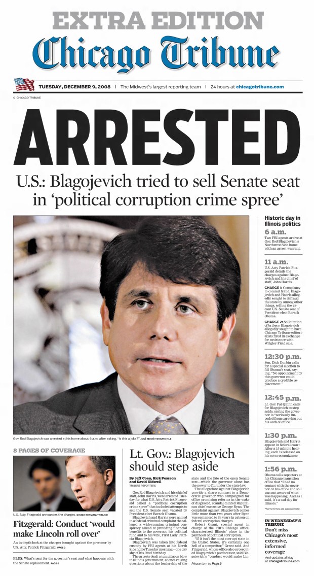 Illinois Gov. Rod Blagojevich was arrested on Dec. 9, 2008, at his Northwest Side home on charges of conspiracy to commit fraud and solicitation of bribery. (Chicago Tribune)